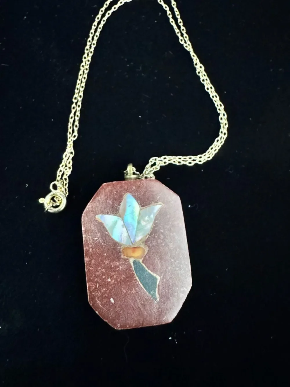 Vintage Soap Stone Carved Pendant Floral Design Mother of Pearl Inlay Necklace